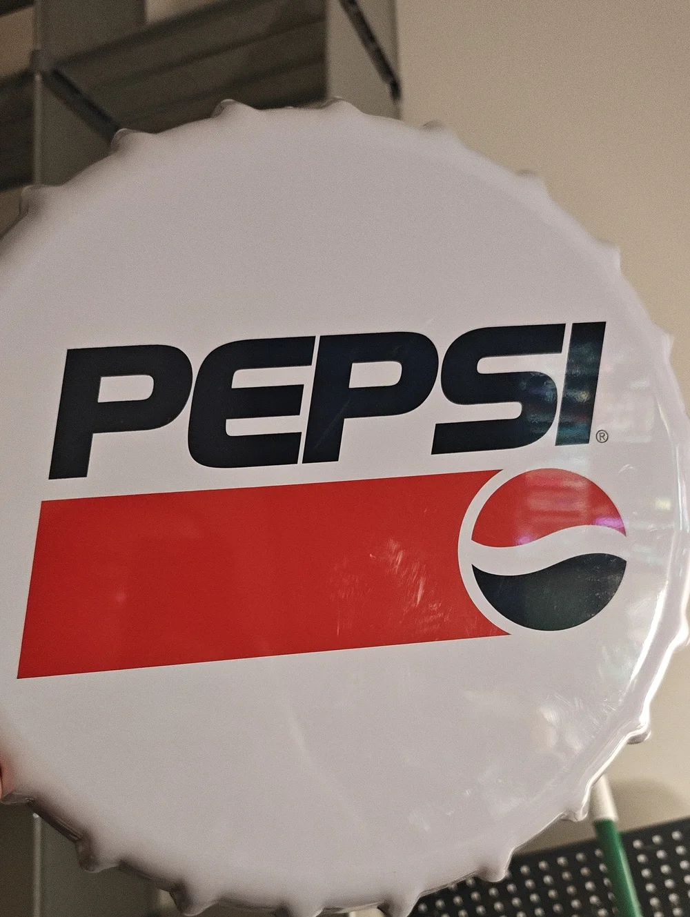 Pepsi Metal Bottle Cap Sign - White, Red, Black
